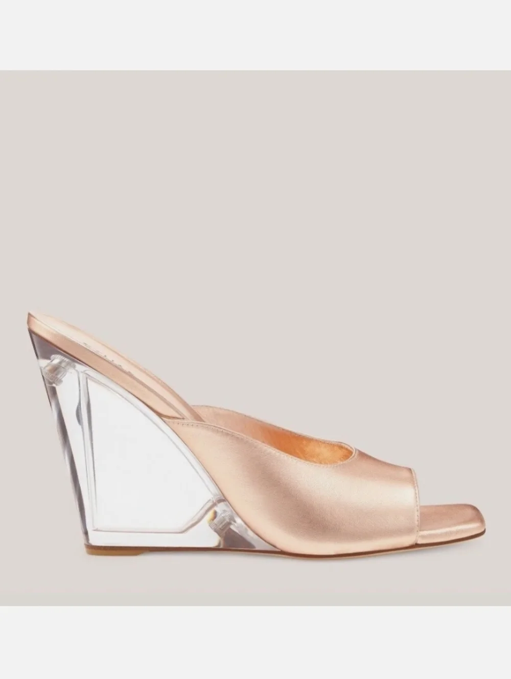 Stuart Weitzman 6.5 TIA 100 LUCITE WEDGE Rose Gold Metallic Leather Sandal - Picture 3 of 5